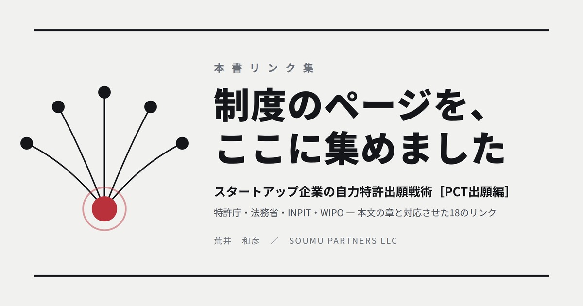 本書リンク集のアイキャッチ。一点から五方向へ線が伸びる図と、書名『スタートアップ企業の自力特許出願戦術［PCT出願編］』